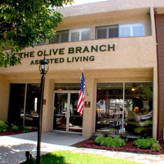 The entrance of The Olive Branch Assisted Living facility, adorned with an American flag and surrounded by well-maintained landscaping.