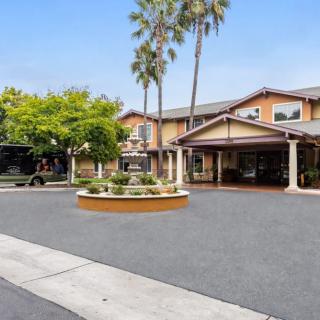 A two-story building with a landscaped entrance and palm trees in front.