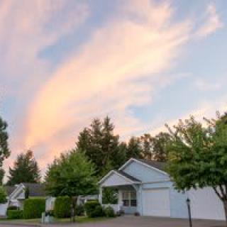 A suburban house surrounded by trees and illuminated by a colorful sunset sky.