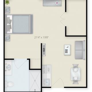 A floor plan of a one-bedroom apartment featuring a living room, kitchen, and bathroom.