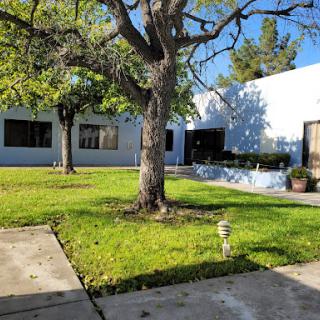 A peaceful outdoor view featuring a building surrounded by green grass and a prominent tree.