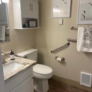 A modern bathroom with a toilet, sink, and decorative wall art.