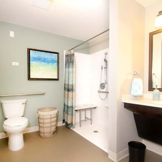 A modern and accessible bathroom with a shower area, toilet, and sink.