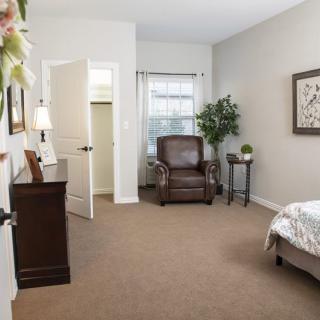 A cozy bedroom with a leather chair, carpeted floor, and decorative plants near a window.