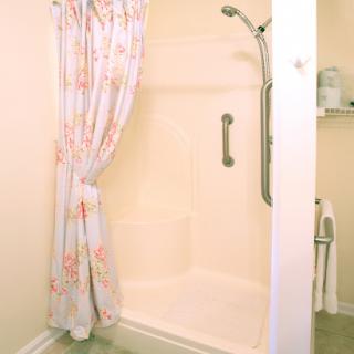 A clean and accessible bathroom shower with a floral curtain.