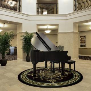 A grand piano elegantly placed in a luxurious lobby with plants and ornate lighting.