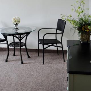 A minimalist interior space featuring a glass-top table with two black chairs and decorative plants.