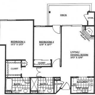 A floor plan of a two-bedroom apartment with labeled dimensions and designated living spaces.