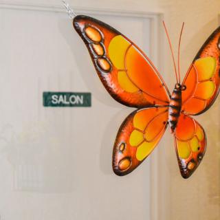 A decorative butterfly adorns the door with a 'SALON' sign.