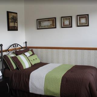 A cozy bedroom with a single bed adorned with green and brown bedding, complemented by framed artwork on the wall.