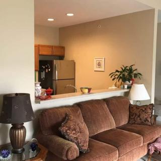 A cozy living room with a brown sofa and a view into the kitchen area.