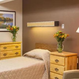 A cozy bedroom features a single bed with a nightstand and dresser, adorned with vases of flowers and illuminated by a warm lamp.