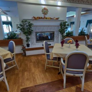A cozy dining area featuring tables and chairs, a fireplace, and decorative plants.