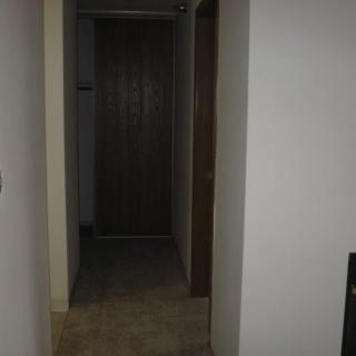 A dimly lit hallway with a closed door at the end.
