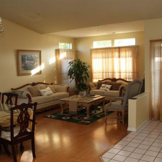 A cozy living room with elegant furniture, featuring a sofa set, wooden flooring, and an indoor plant. Sunlight filters through the curtains, creating a warm atmosphere.