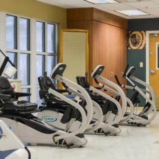 A row of exercise bikes in a modern gym setting.