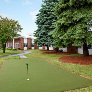 A serene putting green surrounded by lush trees and neatly landscaped grounds.