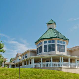 A charming building featuring a green roof and large windows, nestled in a sunny landscape.