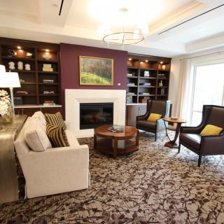 A cozy living room with a modern fireplace, surrounded by comfortable seating and decorative bookshelves.