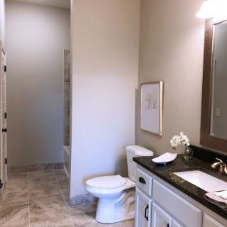 A modern bathroom featuring a sink, toilet, and stylish decor.