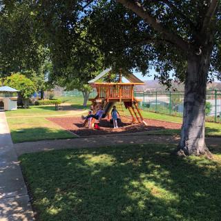 Children playing on a swing set in a sunny park.