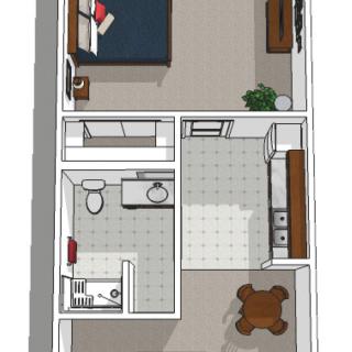 A compact apartment floor plan featuring a bedroom, bathroom, kitchen, and living area.