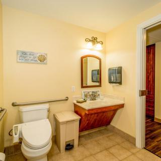 A clean, accessible bathroom with handrails, featuring a toilet, sink, and mirror.