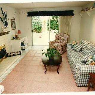 A cozy living room featuring a fireplace, sofa, armchair, and coffee table with a view of the garden through the sliding glass door.