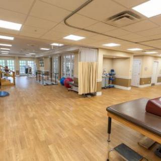 A spacious and well-equipped physical therapy room designed for rehabilitation and wellness activities.