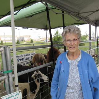 A woman standing outdoors near a pen with sheep.