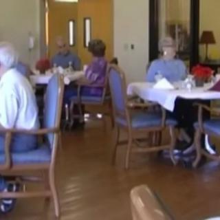 A group of elderly people sitting in a dining room setting, engaged in conversation.