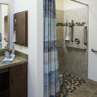 An accessible bathroom with a walk-in shower, grab bars, and a vanity area.