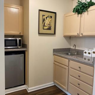 A small kitchenette with cabinets, a countertop, sink, microwave, and mini fridge.