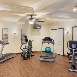 A modern gym facility equipped with various exercise machines and a workout ball.