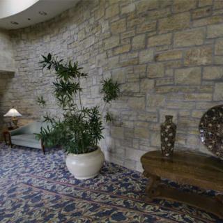 A cozy interior with a stone wall, plants, decorative vases, and comfortable furniture.