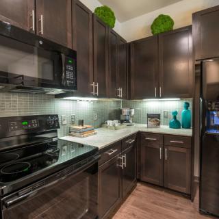 A modern kitchen with dark cabinetry and sleek appliances.