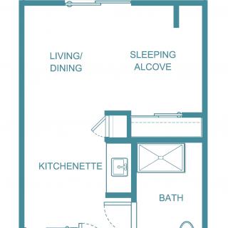 A floor plan layout of a studio apartment featuring a living/dining area, sleeping alcove, kitchenette, and bathroom.