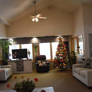 A cozy living room decorated for the holiday season, featuring a Christmas tree and comfortable seating.