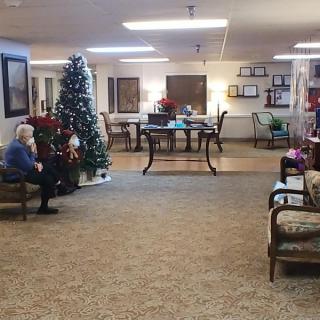 A cozy lobby with a Christmas tree and seating area decorated for the holiday season.