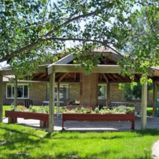 A peaceful garden with a gazebo surrounded by lush greenery and trees on a sunny day.