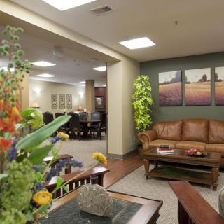 A cozy waiting area featuring a leather sofa, coffee table, indoor plants, and decorative wall art.