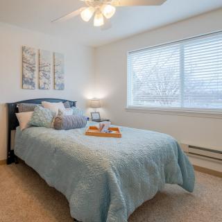 Cozy bedroom with blue bedding and a ceiling fan.
