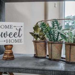 A cozy home display with a 'Home Sweet Home' sign and potted plants on a shelf.