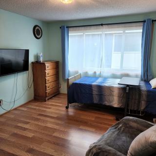 A cozy bedroom with a bed, dresser, and wall-mounted TV.