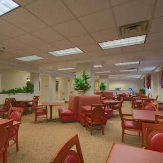 An empty dining area with red chairs and tables, featuring indoor plants and ceiling lights.