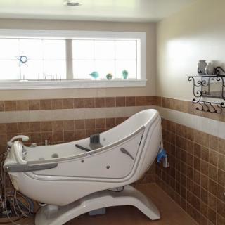 A modern spa-like bathroom featuring a sleek bathtub and natural light from the window.