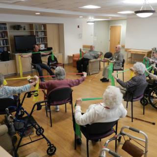 Elderly individuals participating in a group exercise session using resistance bands for physical therapy.