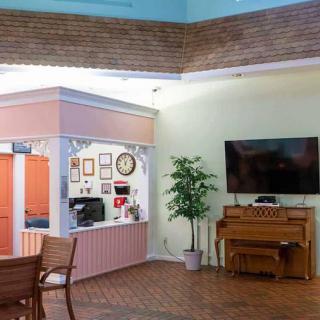 A cozy living room with a piano and TV, adorned with pastel-themed wall decor and plants.