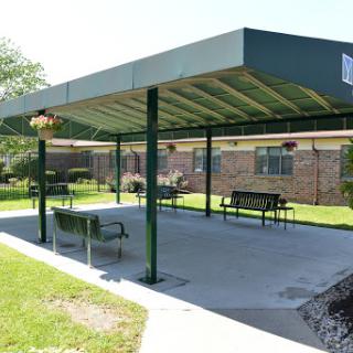 A spacious outdoor shelter with benches, perfect for gatherings in a green park setting.
