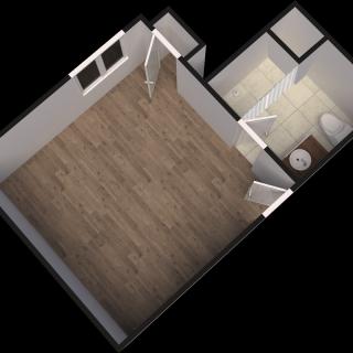 3D floor plan showing a room with wooden flooring and an attached bathroom.